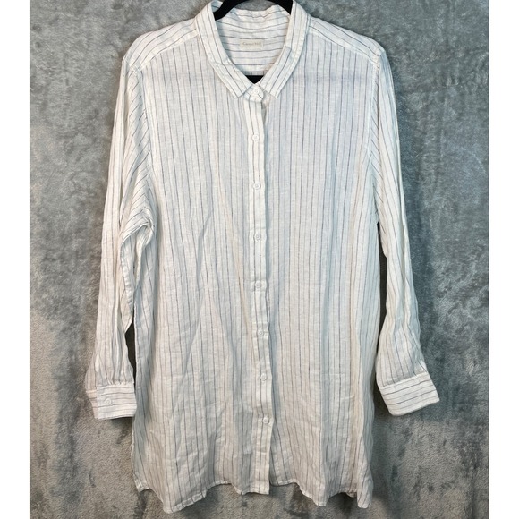 Garnet Hill Tops - Garnet Hill Easy Linen Button Tunic Shirt Top XL White Striped‎ Lagenlook Beachy